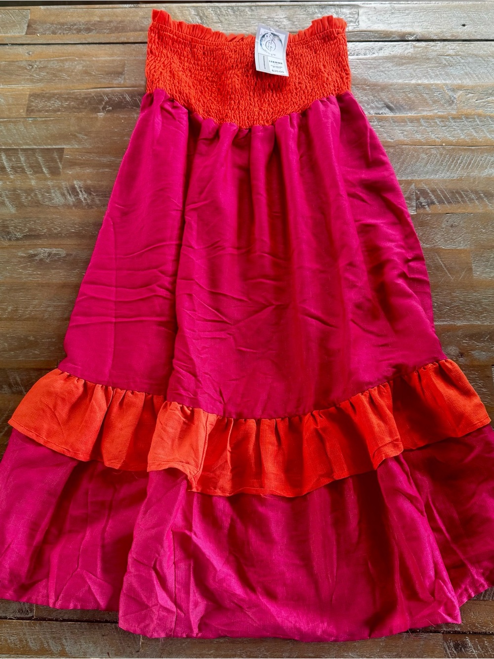Strapless Tiered Maxi Dress in Bright Pink with Orange Trim